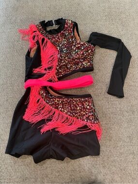 Black Dance Set with Hot Pink Fringe & Multicolor Sequins